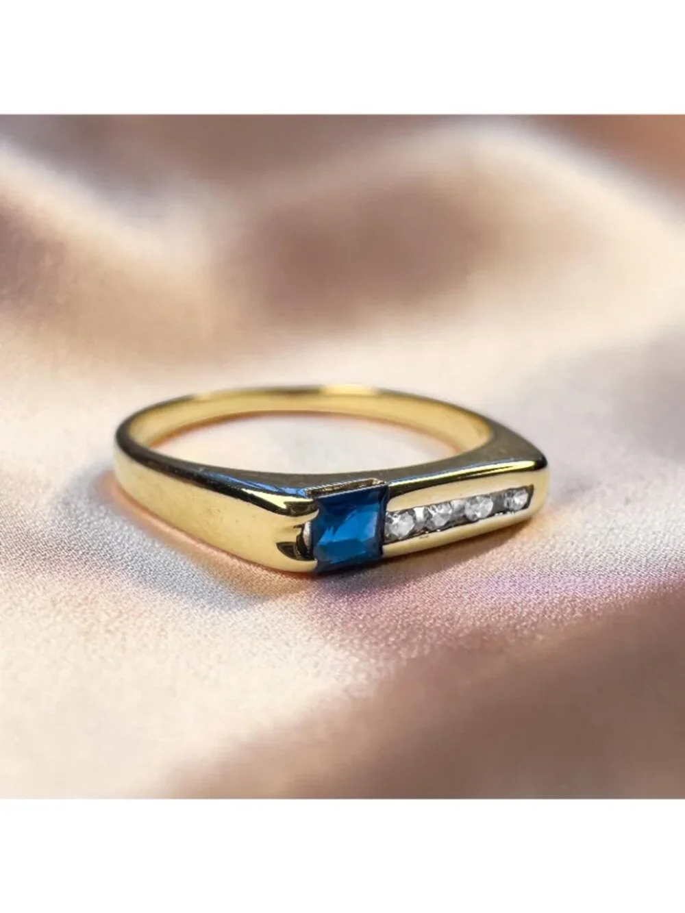 14K Gold Natural Blue Sapphire & Diamond Ring Channel Set Stacking Band Size 6